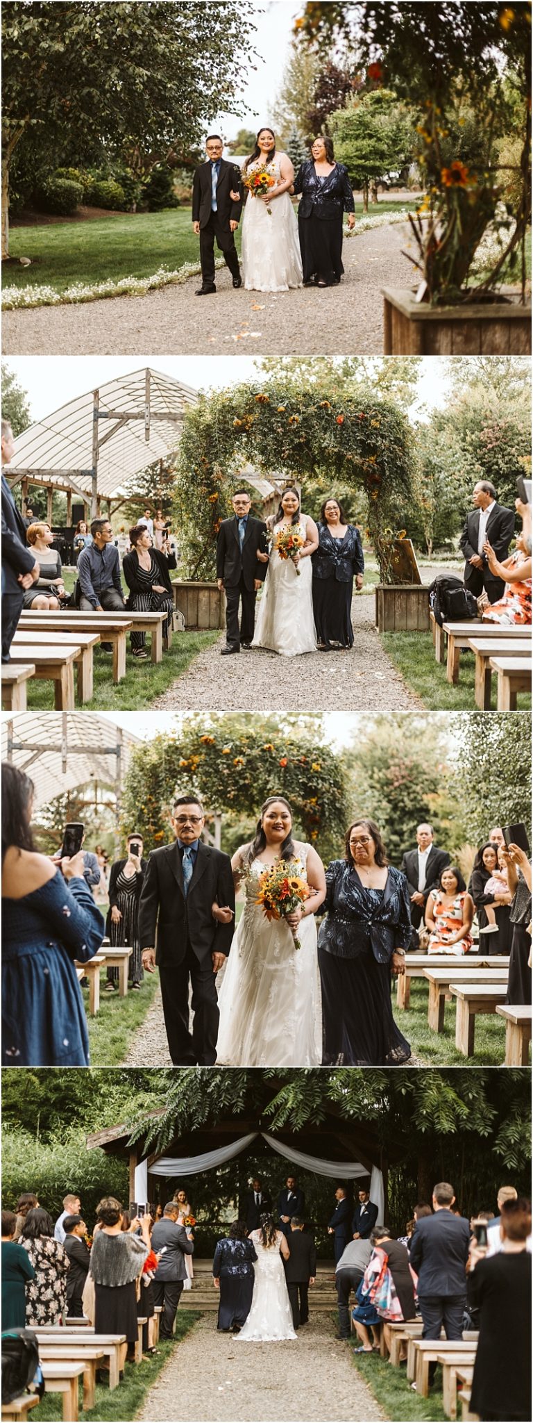 Premier Snohomish & Seattle Wedding Photographer | GSquared Weddings Photography A bride in a white dress walks down an outdoor aisle at a Snohomish wedding, between rows of seated guests, accompanied by two people under greenery and a flower-decorated arch. 47.9129° N, 122.0982° W | Serving Snohomish, Seattle , Orlando & Beyond