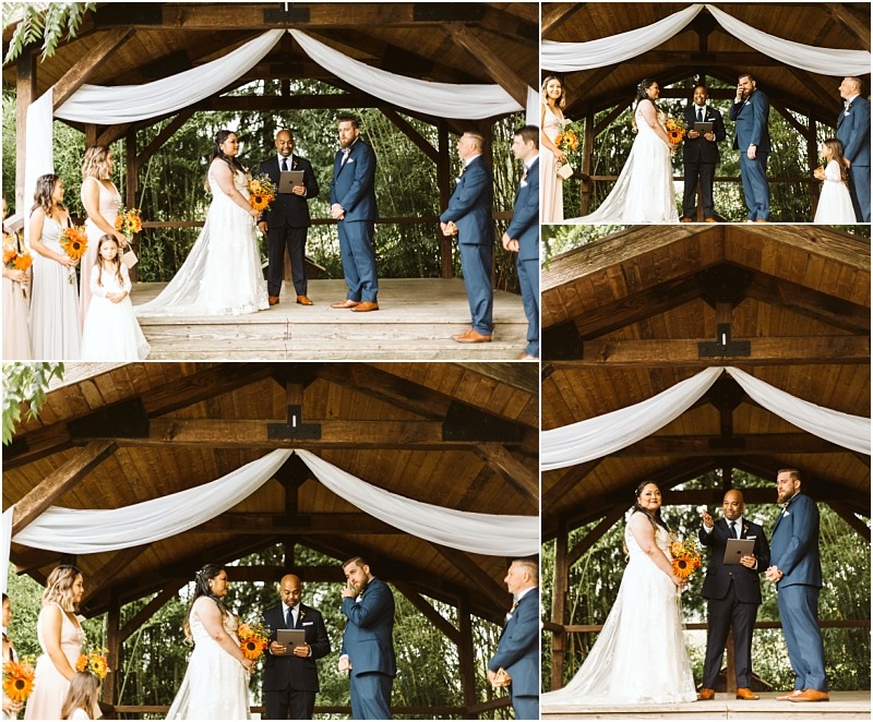 Premier Snohomish & Seattle Wedding Photographer | GSquared Weddings Photography A collage of Snohomish wedding ceremony photos on an outdoor wooden stage with white drapery. The bride in a white gown and the groom in a blue suit stand with their wedding party and officiant under a wooden pavilion. 47.9129° N, 122.0982° W | Serving Snohomish, Seattle , Orlando & Beyond