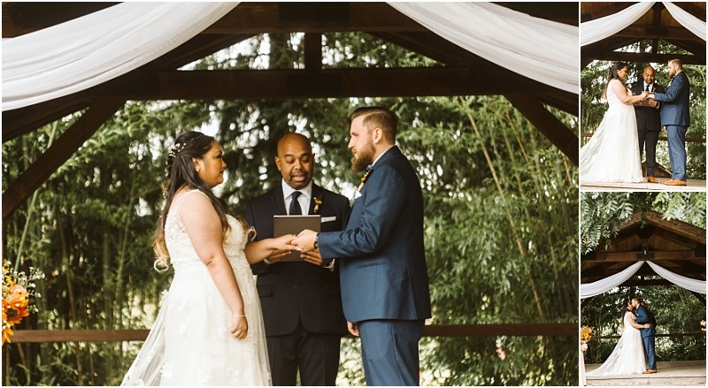 Premier Snohomish & Seattle Wedding Photographer | GSquared Weddings Photography A bride and groom stand together at an outdoor Snohomish wedding ceremony under a wooden gazebo with white drapery, holding hands and exchanging vows with an officiant present. 47.9129° N, 122.0982° W | Serving Snohomish, Seattle , Orlando & Beyond