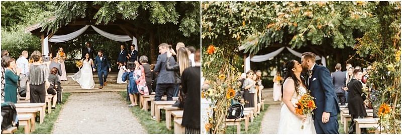 Premier Snohomish & Seattle Wedding Photographer | GSquared Weddings Photography Two photos of a Snohomish outdoor wedding: in the first, a bride and groom walk down the aisle as guests look on; in the second, they kiss under an archway, surrounded by autumn flowers and greenery. 47.9129° N, 122.0982° W | Serving Snohomish, Seattle , Orlando & Beyond