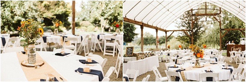 Premier Snohomish & Seattle Wedding Photographer | GSquared Weddings Photography A rustic Snohomish wedding reception setup with white tables and chairs, beige table runners, mason jar flower centerpieces, and navy napkins under a transparent tent, surrounded by lush Seattle greenery. 47.9129° N, 122.0982° W | Serving Snohomish, Seattle , Orlando & Beyond