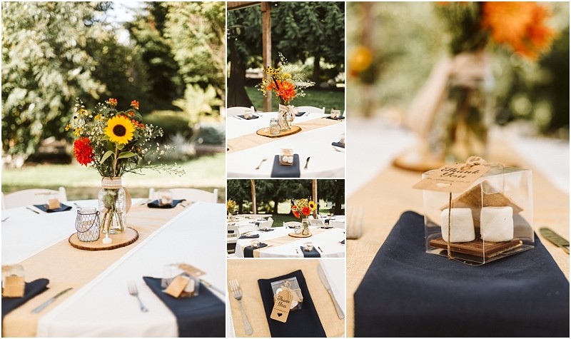 Premier Snohomish & Seattle Wedding Photographer | GSquared Weddings Photography Collage of outdoor table settings at a Snohomish Seattle wedding, with white cloths and beige runners, mason jars of vibrant flowers, small lanterns, and s’mores party favors on navy napkins, all surrounded by lush greenery. 47.9129° N, 122.0982° W | Serving Snohomish, Seattle , Orlando & Beyond