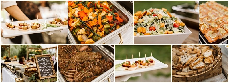 Premier Snohomish & Seattle Wedding Photographer | GSquared Weddings Photography A collage shows assorted catered food at a Snohomish Seattle wedding: trays of roasted vegetables, salad, meat, crostini, bread, and appetizers. A chalkboard menu and outdoor buffet setup are visible in the background. 47.9129° N, 122.0982° W | Serving Snohomish, Seattle , Orlando & Beyond