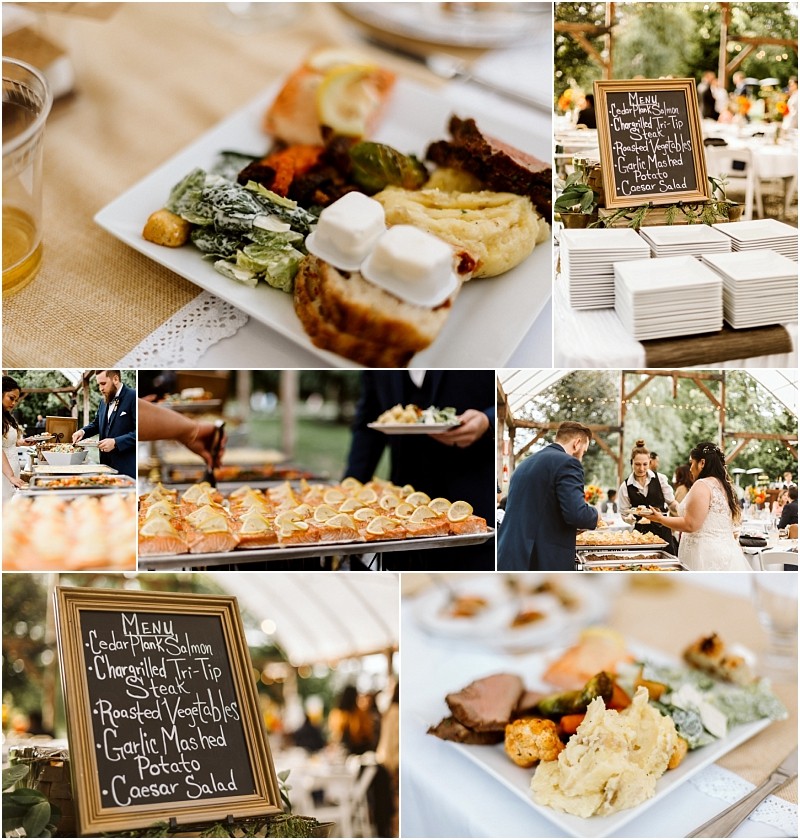 Premier Snohomish & Seattle Wedding Photographer | GSquared Weddings Photography A collage of Snohomish wedding buffet images featuring plates of steak, salmon, vegetables, mashed potatoes, Caesar salad, serving platters, guests in line, and a chalkboard menu with the meal options. 47.9129° N, 122.0982° W | Serving Snohomish, Seattle , Orlando & Beyond