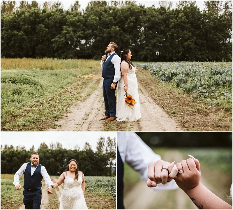 Premier Snohomish & Seattle Wedding Photographer | GSquared Weddings Photography A Snohomish Seattle wedding engagement unfolds as a bride and groom walk hand in hand through a field of greenery. The bride holds a sunflower bouquet, and a close-up highlights her sparkling engagement ring as they share a joyful moment together. 47.9129° N, 122.0982° W | Serving Snohomish, Seattle , Orlando & Beyond