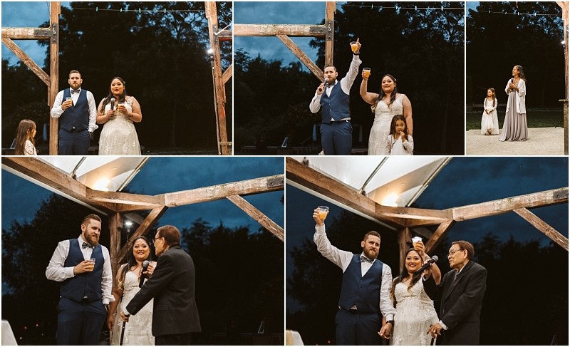 Premier Snohomish & Seattle Wedding Photographer | GSquared Weddings Photography A collage of five Snohomish wedding reception photos shows a bride and groom giving toasts, raising drinks, and celebrating with guests under a wooden pavilion at dusk, with trees in the background. 47.9129° N, 122.0982° W | Serving Snohomish, Seattle , Orlando & Beyond