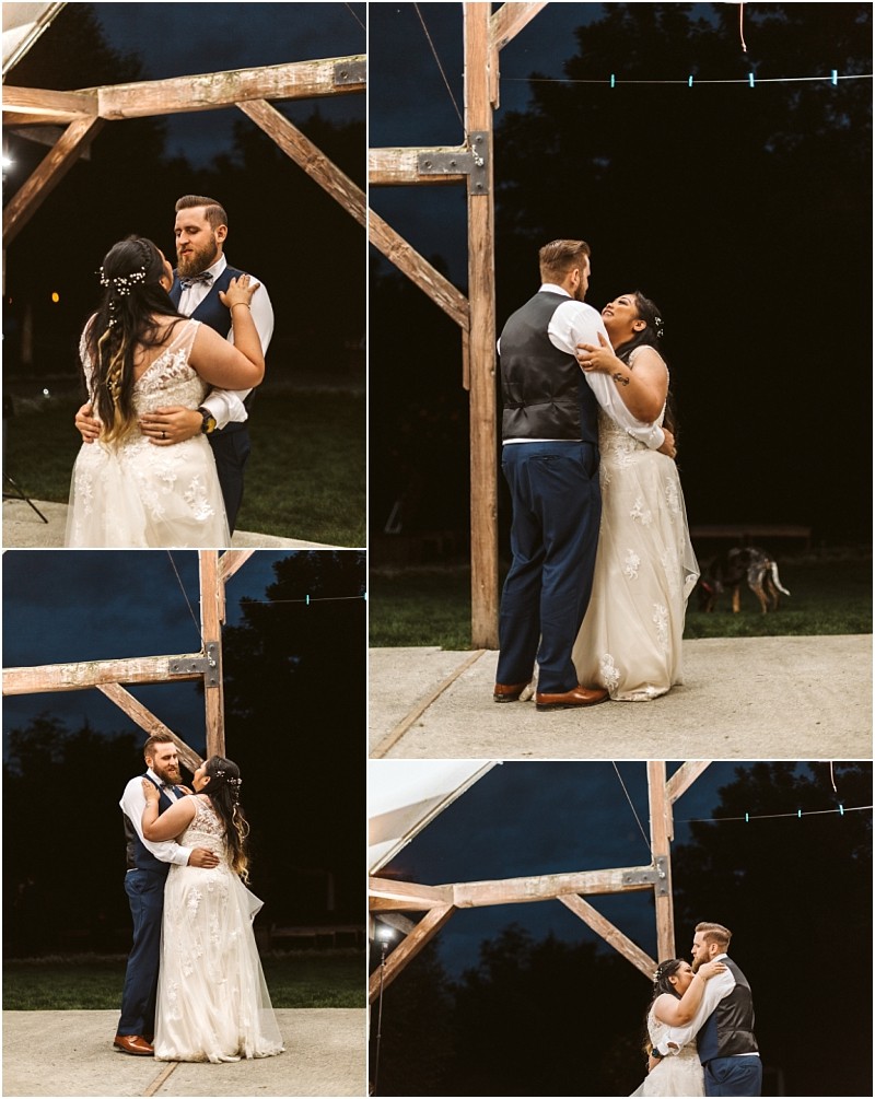 Premier Snohomish & Seattle Wedding Photographer | GSquared Weddings Photography A bride and groom share their first dance outdoors at night under a wooden pavilion, smiling and holding each other close, with trees and string lights in the background at a romantic Snohomish wedding. 47.9129° N, 122.0982° W | Serving Snohomish, Seattle , Orlando & Beyond