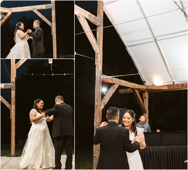 Premier Snohomish & Seattle Wedding Photographer | GSquared Weddings Photography A bride in a white gown and a man in a suit share a dance together under a pavilion at night, smiling and holding hands during what appears to be a romantic Snohomish wedding celebration. 47.9129° N, 122.0982° W | Serving Snohomish, Seattle , Orlando & Beyond