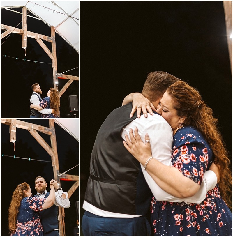 Premier Snohomish & Seattle Wedding Photographer | GSquared Weddings Photography A man in a suit and a woman in a blue floral dress share a heartfelt dance together under a wooden outdoor structure at night, embracing closely and smiling during their romantic Snohomish Seattle wedding. 47.9129° N, 122.0982° W | Serving Snohomish, Seattle , Orlando & Beyond