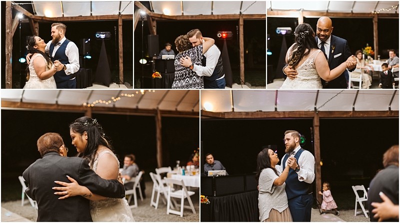 Premier Snohomish & Seattle Wedding Photographer | GSquared Weddings Photography A collage of wedding reception photos in Snohomish near Seattle shows a bride and groom dancing together, sharing joyful moments with guests on the dance floor under string lights. Guests are seated at tables in the background. 47.9129° N, 122.0982° W | Serving Snohomish, Seattle , Orlando & Beyond