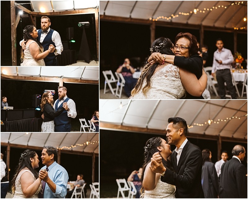 Premier Snohomish & Seattle Wedding Photographer | GSquared Weddings Photography A collage of five photos shows people dancing at a Snohomish wedding reception under string lights, including the bride with different partners and other guests dancing and smiling in a festive atmosphere. 47.9129° N, 122.0982° W | Serving Snohomish, Seattle , Orlando & Beyond