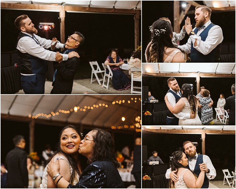 Premier Snohomish & Seattle Wedding Photographer | GSquared Weddings Photography A collage of five photos from a Snohomish wedding reception shows guests dancing, laughing, hugging, and celebrating under string lights in a tented outdoor venue. The atmosphere is joyful and festive. 47.9129° N, 122.0982° W | Serving Snohomish, Seattle , Orlando & Beyond