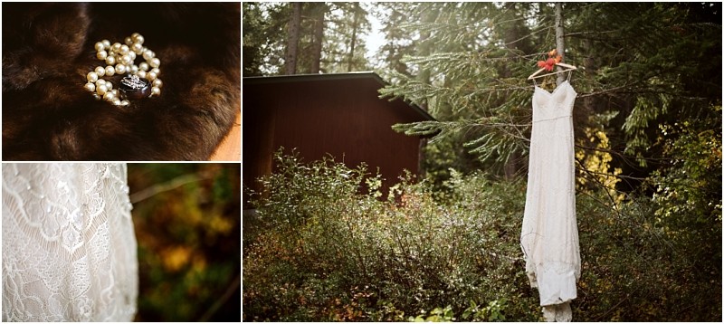 Premier Snohomish & Seattle Wedding Photographer | GSquared Weddings Photography A collage featuring a lace wedding dress hanging from a tree in a Snohomish forest, a close-up of lace fabric, and a pearl necklace with brooch resting on dark fur—perfect inspiration for your Seattle wedding or engagement. 47.9129° N, 122.0982° W | Serving Snohomish, Seattle , Orlando & Beyond