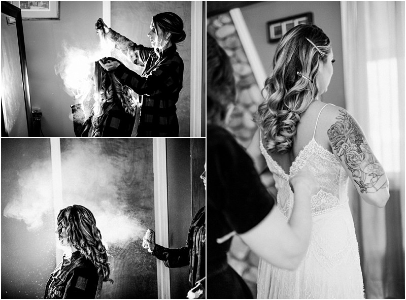 Premier Snohomish & Seattle Wedding Photographer | GSquared Weddings Photography A black and white collage captures a Snohomish bride getting ready: her hair is sprayed with hairspray in two photos, while in the third, someone helps her adjust her lace wedding dress before her Seattle wedding. 47.9129° N, 122.0982° W | Serving Snohomish, Seattle , Orlando & Beyond
