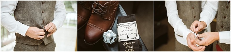 Premier Snohomish & Seattle Wedding Photographer | GSquared Weddings Photography A man in a tweed vest buttons his waistcoat and cuffs. Next to him are brown dress shoes, a boutonniere, and a personalized Snohomish wedding label reading Best adventure with my love and the date 9.27.19. 47.9129° N, 122.0982° W | Serving Snohomish, Seattle , Orlando & Beyond