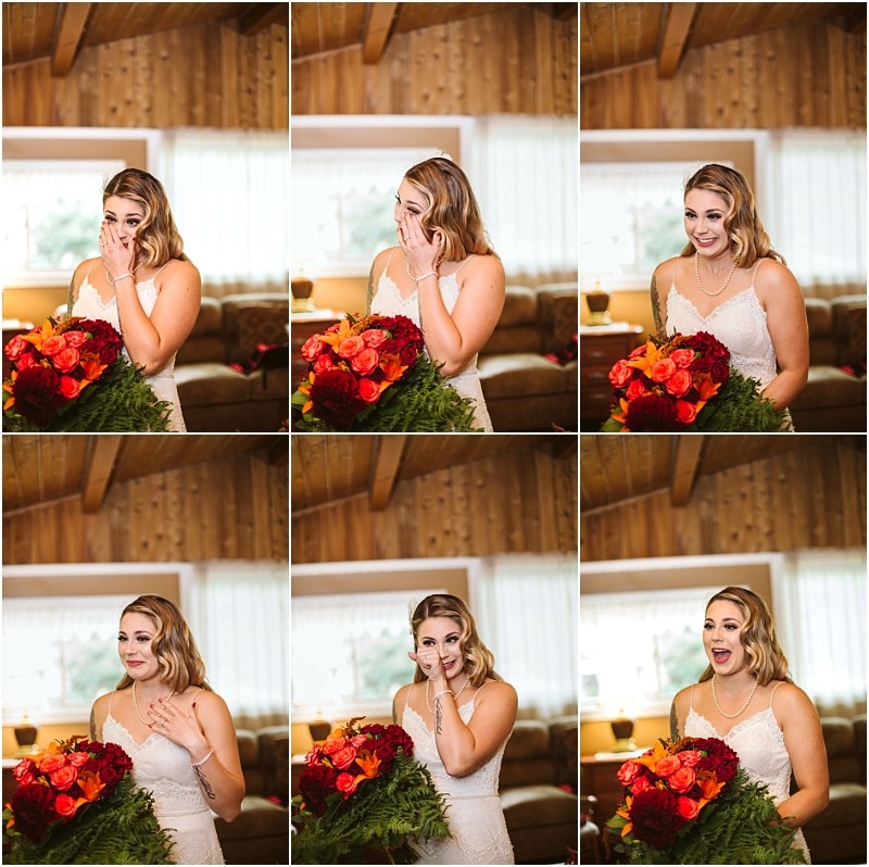 Premier Snohomish & Seattle Wedding Photographer | GSquared Weddings Photography A bride in a white dress reacts emotionally in a series of six photos at a Snohomish Seattle wedding, holding a vibrant bouquet of red and orange flowers, with expressions from surprised to joyful in a warmly lit room with wood walls and large windows. 47.9129° N, 122.0982° W | Serving Snohomish, Seattle , Orlando & Beyond
