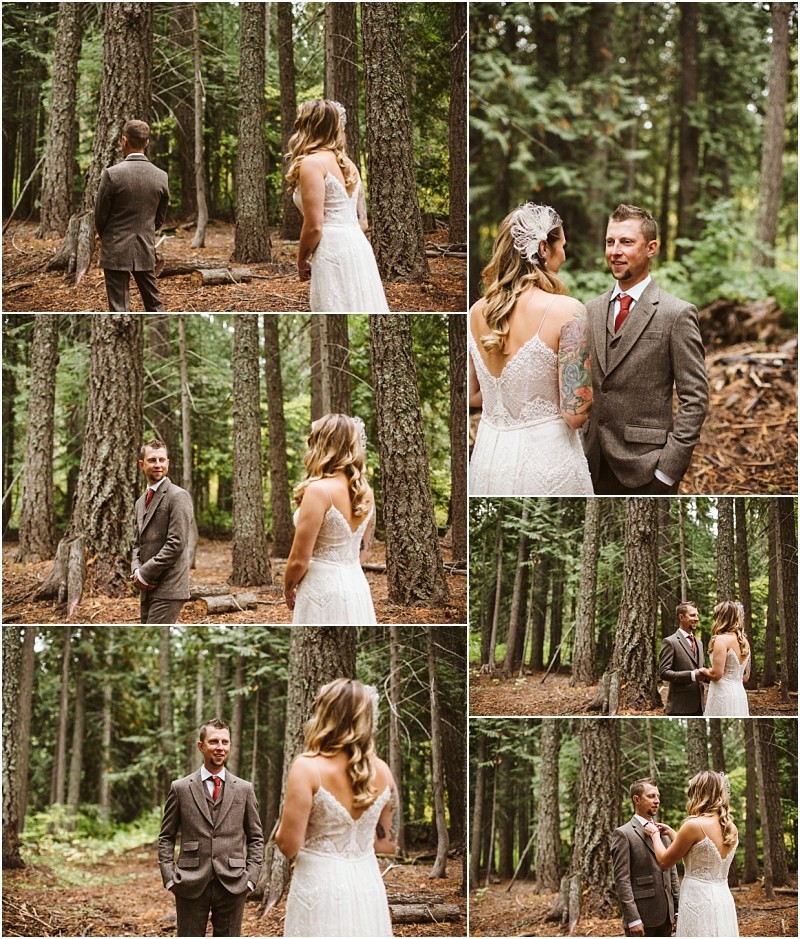 Premier Snohomish & Seattle Wedding Photographer | GSquared Weddings Photography A bride and groom share a first look in a forest near Snohomish, exchanging excited and loving expressions among tall trees, with the bride in a white dress and the groom in a brown suit at their Seattle wedding engagement. 47.9129° N, 122.0982° W | Serving Snohomish, Seattle , Orlando & Beyond