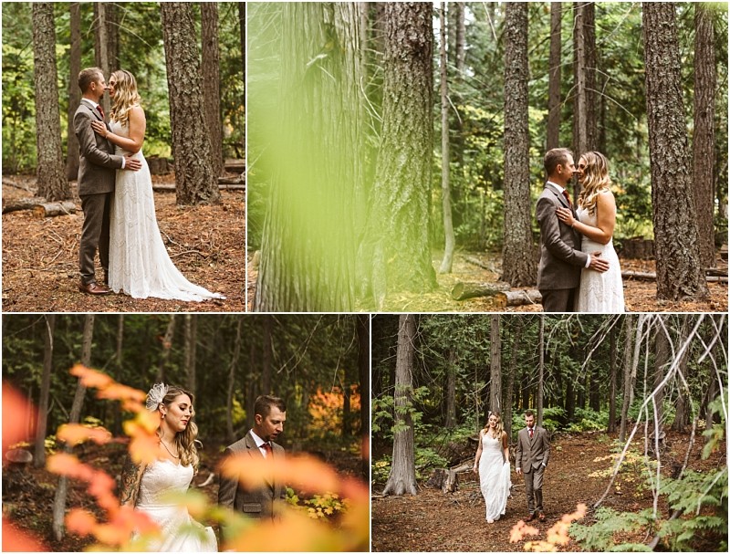 Premier Snohomish & Seattle Wedding Photographer | GSquared Weddings Photography A couple dressed in wedding attire poses and walks together in a forest near Snohomish, surrounded by tall trees and autumn foliage in four separate, warm-toned photos. 47.9129° N, 122.0982° W | Serving Snohomish, Seattle , Orlando & Beyond