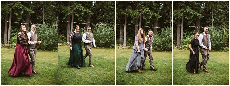 Premier Snohomish & Seattle Wedding Photographer | GSquared Weddings Photography Four photos show three different couples walking together on a grassy lawn in Snohomish, all dressed in formal attire, with trees and greenery in the background. Each pair smiles as they walk side by side, capturing a Seattle wedding engagement vibe. 47.9129° N, 122.0982° W | Serving Snohomish, Seattle , Orlando & Beyond