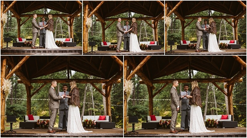 Premier Snohomish & Seattle Wedding Photographer | GSquared Weddings Photography A collage of six photos shows a bride and groom exchanging vows and rings during an outdoor Snohomish wedding ceremony under a wooden pavilion surrounded by trees. 47.9129° N, 122.0982° W | Serving Snohomish, Seattle , Orlando & Beyond