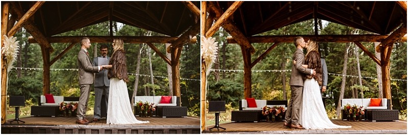 Premier Snohomish & Seattle Wedding Photographer | GSquared Weddings Photography A couple stands under a rustic wooden gazebo during their outdoor Snohomish wedding ceremony. In the first frame, they face each other, holding hands. In the second, they kiss, surrounded by greenery and cozy seating. 47.9129° N, 122.0982° W | Serving Snohomish, Seattle , Orlando & Beyond