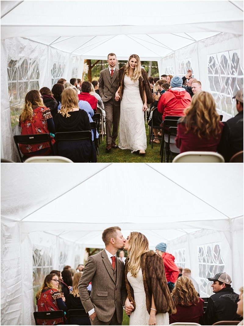 Premier Snohomish & Seattle Wedding Photographer | GSquared Weddings Photography A bride and groom walk down the aisle under a white outdoor canopy at their Snohomish wedding, surrounded by seated guests. In the next image, they stop to kiss while guests watch, capturing a joyful Seattle wedding moment. 47.9129° N, 122.0982° W | Serving Snohomish, Seattle , Orlando & Beyond