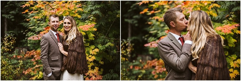 Premier Snohomish & Seattle Wedding Photographer | GSquared Weddings Photography A couple dressed in fall attire stands in front of colorful autumn leaves. In this Snohomish engagement session, they smile at the camera; in the second image, the man kisses the woman's forehead as she smiles. 47.9129° N, 122.0982° W | Serving Snohomish, Seattle , Orlando & Beyond