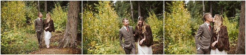 Premier Snohomish & Seattle Wedding Photographer | GSquared Weddings Photography A couple walks through a forest near Snohomish, smiling and holding each other in elegant wedding attire. In the last frame, they share a kiss, capturing the magic of their Seattle engagement. 47.9129° N, 122.0982° W | Serving Snohomish, Seattle , Orlando & Beyond