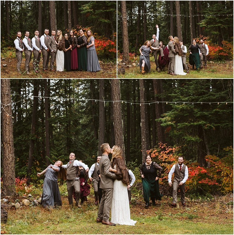 Premier Snohomish & Seattle Wedding Photographer | GSquared Weddings Photography Three photos of a Snohomish wedding party in a forest: the group poses formally, then acts silly, and finally the bride and groom kiss while friends celebrate. Autumn foliage and string lights add Seattle engagement charm. 47.9129° N, 122.0982° W | Serving Snohomish, Seattle , Orlando & Beyond