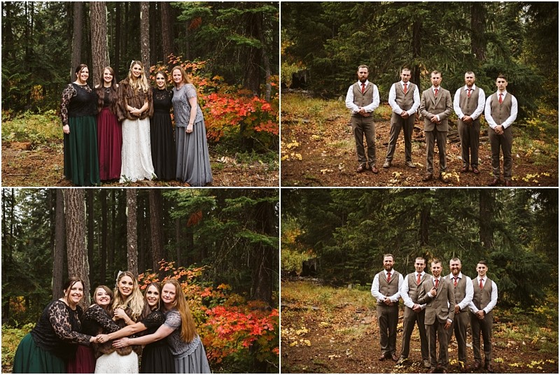Premier Snohomish & Seattle Wedding Photographer | GSquared Weddings Photography Four people in formal attire pose in a forest near Snohomish, with autumn foliage. Captured as if for a Seattle wedding or engagement, the women in dresses and men in suits hug amid tall trees and vibrant red and orange leaves. 47.9129° N, 122.0982° W | Serving Snohomish, Seattle , Orlando & Beyond