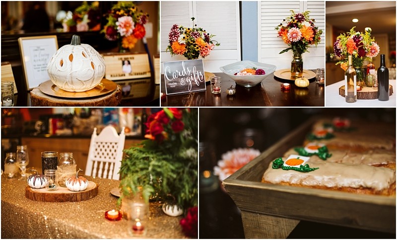 Premier Snohomish & Seattle Wedding Photographer | GSquared Weddings Photography A collage of autumn-themed wedding decor for a Snohomish Seattle wedding: white pumpkin lanterns, bright floral centerpieces, candles in jars, a cards & gifts sign, and frosted cookies decorated with orange pumpkins. 47.9129° N, 122.0982° W | Serving Snohomish, Seattle , Orlando & Beyond