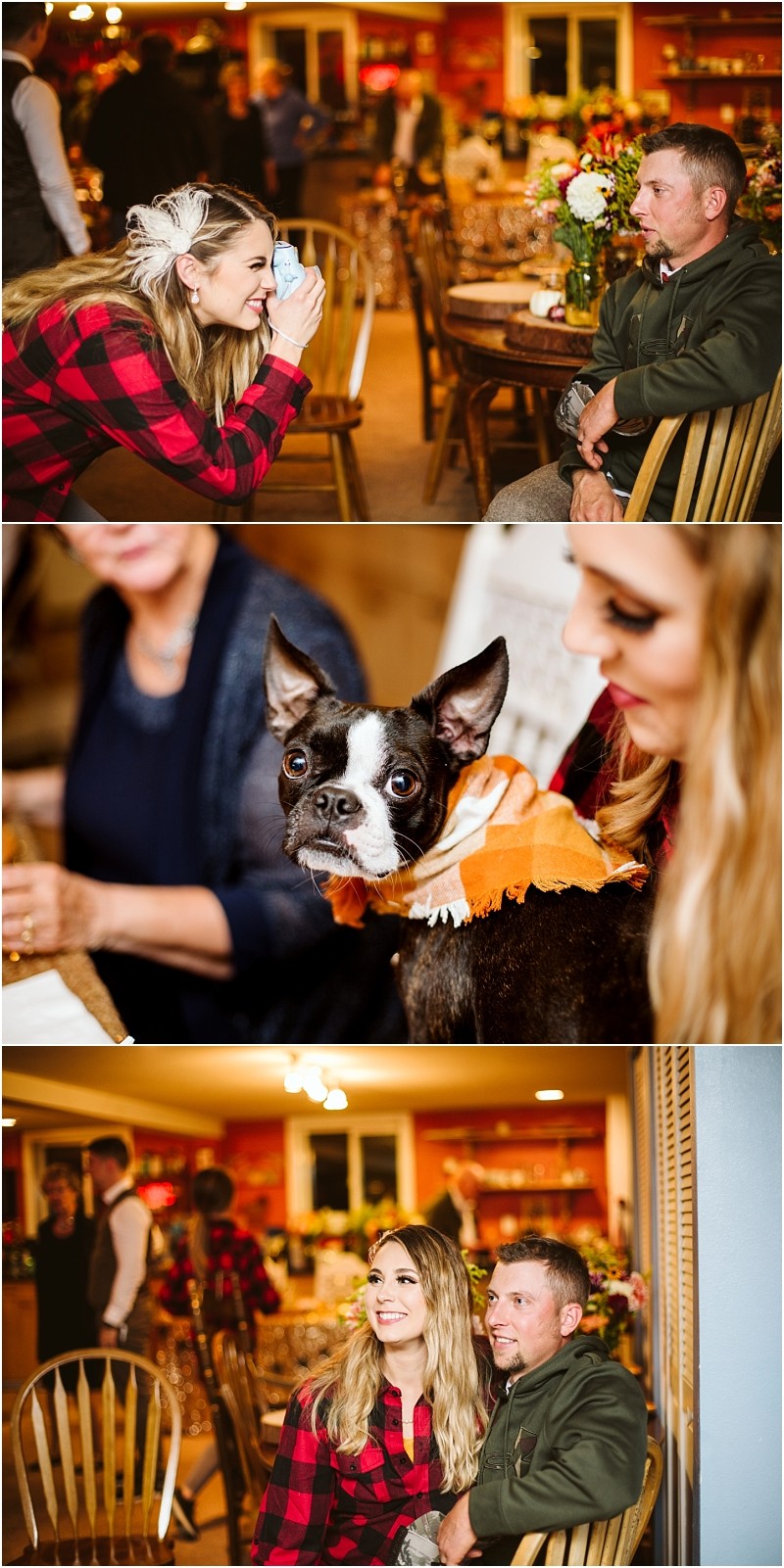 Premier Snohomish & Seattle Wedding Photographer | GSquared Weddings Photography Three photos: a woman in plaid snaps a photo of a man at a dinner table; a Boston Terrier in an orange scarf sits nearby; the couple smile together in a warmly lit, festive dining room—capturing cozy Snohomish Seattle engagement vibes. 47.9129° N, 122.0982° W | Serving Snohomish, Seattle , Orlando & Beyond