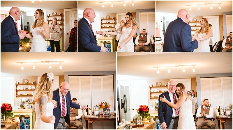 Premier Snohomish & Seattle Wedding Photographer | GSquared Weddings Photography A bride in a white dress dances with an older man in a suit at a cozy Snohomish wedding reception near Seattle, surrounded by joyful guests in a warmly lit room filled with flowers and decorations. 47.9129° N, 122.0982° W | Serving Snohomish, Seattle , Orlando & Beyond