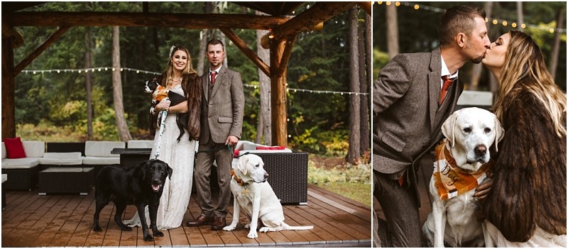 Premier Snohomish & Seattle Wedding Photographer | GSquared Weddings Photography A couple in wedding attire poses outdoors under a wooden pavilion with their two dogs, one black and one white, both wearing orange bandanas. In a close-up, the Snohomish Seattle wedding couple kisses while kneeling beside their dogs. 47.9129° N, 122.0982° W | Serving Snohomish, Seattle , Orlando & Beyond