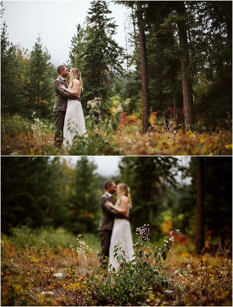 Premier Snohomish & Seattle Wedding Photographer | GSquared Weddings Photography A bride and groom stand close together in a forest clearing near Snohomish, surrounded by tall trees and autumn foliage. The couple gazes at each other lovingly in both the top and bottom Seattle wedding images. 47.9129° N, 122.0982° W | Serving Snohomish, Seattle , Orlando & Beyond