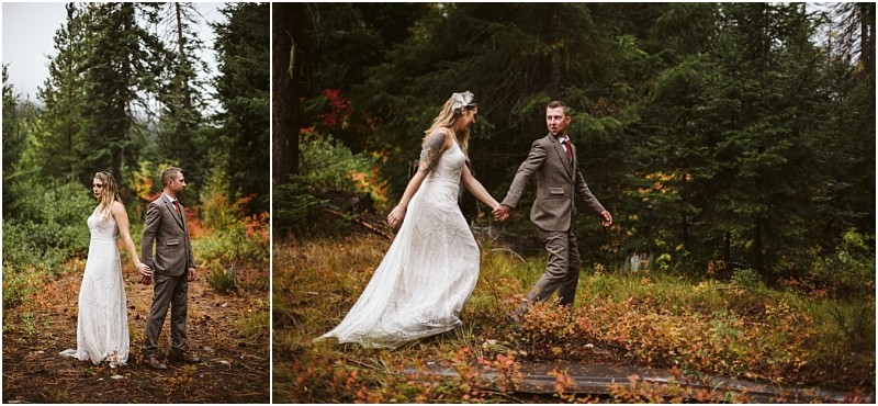 Premier Snohomish & Seattle Wedding Photographer | GSquared Weddings Photography A bride in a white dress and a groom in a brown suit hold hands while walking through a forest with autumn foliage, appearing joyful and connected amid tall trees during their Snohomish Seattle wedding engagement. 47.9129° N, 122.0982° W | Serving Snohomish, Seattle , Orlando & Beyond