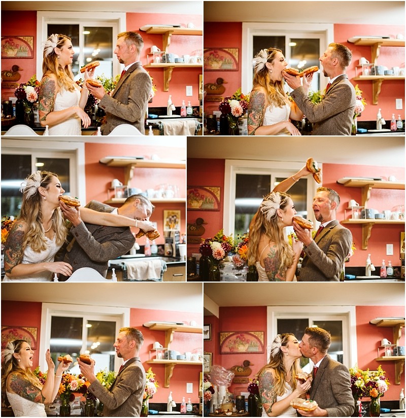 Premier Snohomish & Seattle Wedding Photographer | GSquared Weddings Photography A bride and groom playfully feed each other donuts in a kitchen, laughing and sharing joyful moments—a sweet Snohomish Seattle wedding engagement filled with candid fun and genuine smiles. 47.9129° N, 122.0982° W | Serving Snohomish, Seattle , Orlando & Beyond