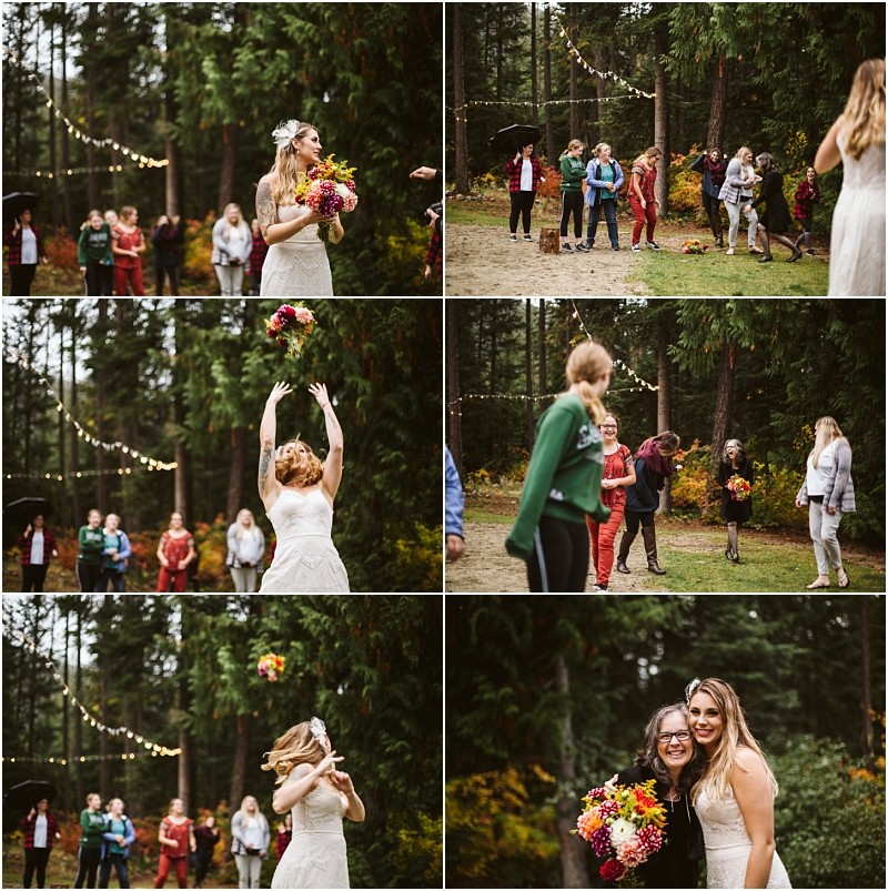 Premier Snohomish & Seattle Wedding Photographer | GSquared Weddings Photography A collage of six outdoor Snohomish wedding photos shows a bride tossing her bouquet to cheering guests. The final image has the bride and the bouquet catcher smiling together, with trees and string lights in the background. 47.9129° N, 122.0982° W | Serving Snohomish, Seattle , Orlando & Beyond