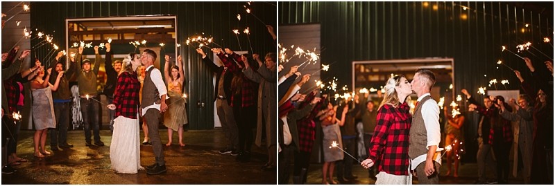 Premier Snohomish & Seattle Wedding Photographer | GSquared Weddings Photography A bride in a white dress and red plaid jacket stands with her groom as guests with sparklers celebrate their Snohomish wedding outside a barn at night, capturing the magic of a Seattle engagement celebration. 47.9129° N, 122.0982° W | Serving Snohomish, Seattle , Orlando & Beyond
