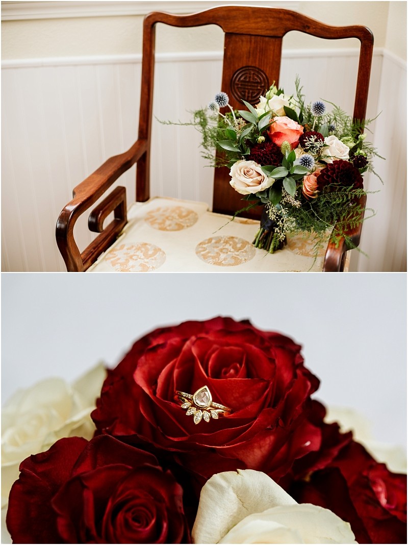 Premier Snohomish & Seattle Wedding Photographer | GSquared Weddings Photography A wooden chair holds a bouquet of flowers, perfect for a Snohomish Seattle wedding. Below, a close-up of a gold engagement ring with a teardrop-shaped gem rests on deep red roses surrounded by white petals. 47.9129° N, 122.0982° W | Serving Snohomish, Seattle , Orlando & Beyond