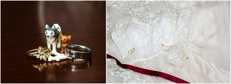 Premier Snohomish & Seattle Wedding Photographer | GSquared Weddings Photography A close-up of wedding rings and jewelry at a Snohomish Seattle wedding features dog figurines and a bone on the left, while on the right, a wedding dress is adorned with an engagement ring, necklace, and a red ribbon. 47.9129° N, 122.0982° W | Serving Snohomish, Seattle , Orlando & Beyond