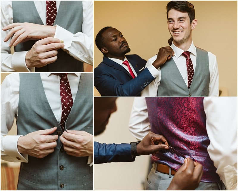 Premier Snohomish & Seattle Wedding Photographer | GSquared Weddings Photography A man in a grey suit and red tie gets ready for a Snohomish Seattle wedding with help from another man in a blue suit; close-ups show cufflinks, vest buttons, adjusting the tie, and fastening the back of the vest. 47.9129° N, 122.0982° W | Serving Snohomish, Seattle , Orlando & Beyond