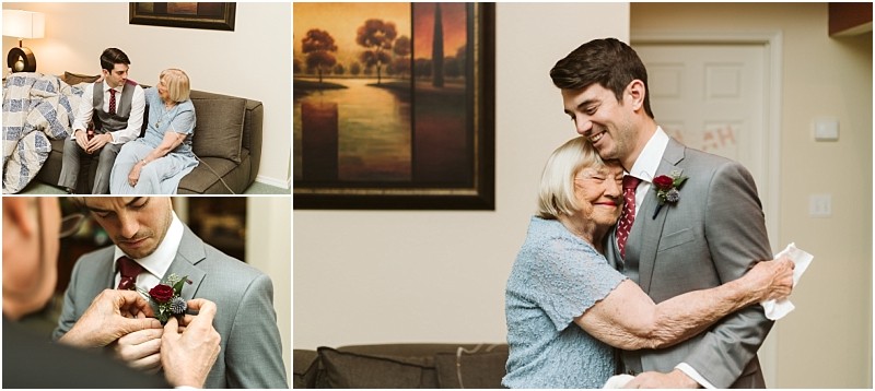 Premier Snohomish & Seattle Wedding Photographer | GSquared Weddings Photography A young man in a suit shares a warm hug with an elderly woman, sits beside her on a couch, and has a boutonniere pinned to his lapel in a cozy living room, capturing the warmth of a Snohomish Seattle wedding engagement moment. 47.9129° N, 122.0982° W | Serving Snohomish, Seattle , Orlando & Beyond