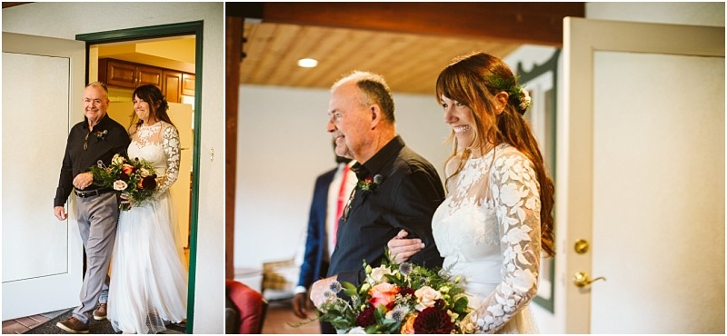 Premier Snohomish & Seattle Wedding Photographer | GSquared Weddings Photography A bride in a white lace dress, holding a bouquet, smiles as she walks arm-in-arm with an older man through a doorway on her Snohomish wedding day. 47.9129° N, 122.0982° W | Serving Snohomish, Seattle , Orlando & Beyond