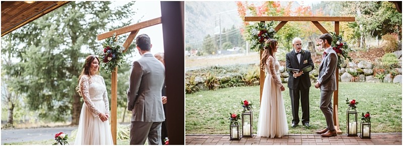 Premier Snohomish & Seattle Wedding Photographer | GSquared Weddings Photography A couple stands under a wooden arch decorated with flowers during an outdoor Snohomish wedding ceremony, joined by an officiant; lush greenery and mountains set the perfect Seattle engagement backdrop. 47.9129° N, 122.0982° W | Serving Snohomish, Seattle , Orlando & Beyond