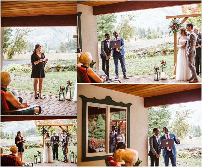 Premier Snohomish & Seattle Wedding Photographer | GSquared Weddings Photography A small Snohomish outdoor wedding ceremony with a bride and groom under a floral arch, guests seated nearby, and some people participating virtually via laptop—perfect for an intimate Seattle wedding or engagement celebration. 47.9129° N, 122.0982° W | Serving Snohomish, Seattle , Orlando & Beyond