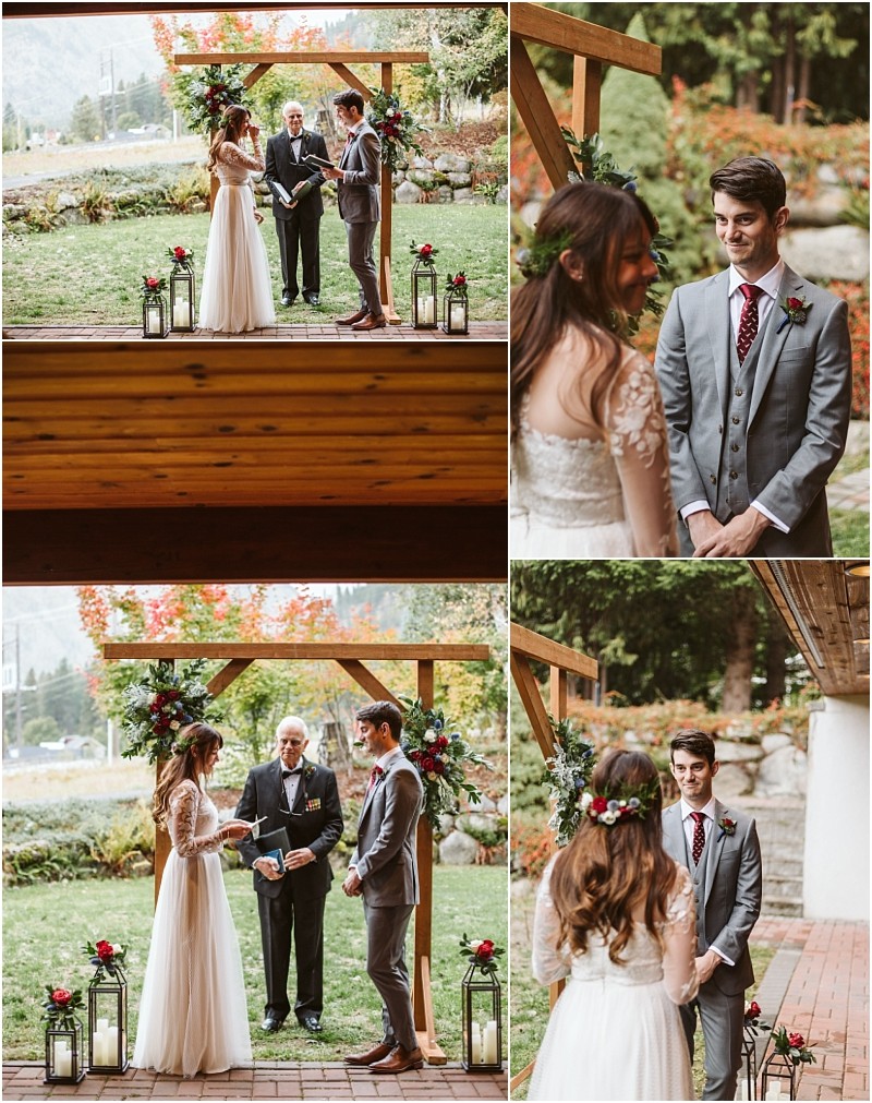Premier Snohomish & Seattle Wedding Photographer | GSquared Weddings Photography A bride and groom stand facing each other and holding hands during an outdoor Snohomish wedding ceremony, with an officiant reading vows beneath a decorated wooden arch. Trees and nature create a scenic Seattle-area backdrop. 47.9129° N, 122.0982° W | Serving Snohomish, Seattle , Orlando & Beyond