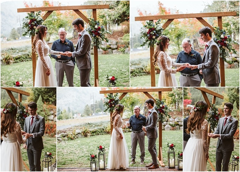 Premier Snohomish & Seattle Wedding Photographer | GSquared Weddings Photography A collage of five outdoor Snohomish wedding photos shows a bride and groom exchanging rings and vows under a wooden arch decorated with flowers, with a celebrant officiating and a scenic, green landscape in the background. 47.9129° N, 122.0982° W | Serving Snohomish, Seattle , Orlando & Beyond