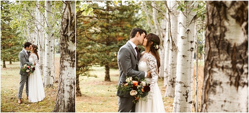 Premier Snohomish & Seattle Wedding Photographer | GSquared Weddings Photography A bride and groom share a kiss among birch trees during their Snohomish wedding. Surrounded by lush greenery, the groom wears a gray suit while the bride, in a lace dress, holds her bouquet on this enchanting Seattle engagement day. 47.9129° N, 122.0982° W | Serving Snohomish, Seattle , Orlando & Beyond