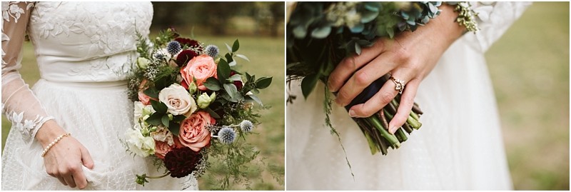 Premier Snohomish & Seattle Wedding Photographer | GSquared Weddings Photography A bride in a lace wedding dress holds a bouquet of roses and greenery at her Snohomish Seattle wedding. In one image she holds the bouquet at her side, in the other she clasps the stems, showcasing her engagement ring. 47.9129° N, 122.0982° W | Serving Snohomish, Seattle , Orlando & Beyond